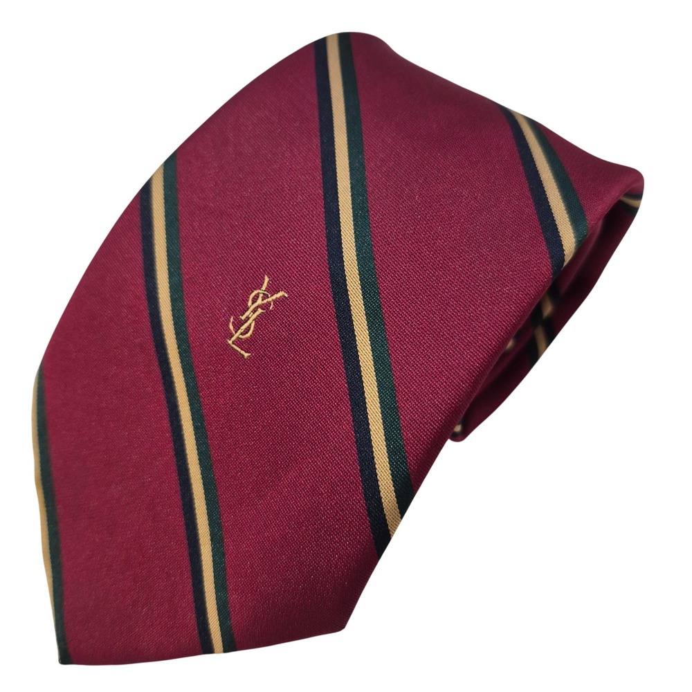 Yves Saint Laurent Necktie Mens Burgundy Silk Striped YSL Logo Vintage Business